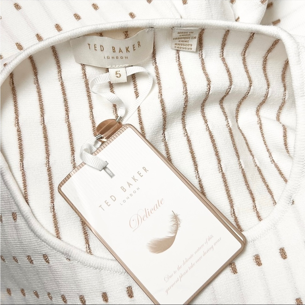 NWT TED BAKER‎ Gold Embroidered Knit Sleeveless Ruffle Flip Skirt Shift Dress 12 - Picture 10 of 16